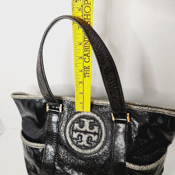 Tory Burch Black Patent Leather Snakeskin Trim Gold Hardware Shoulder Bag Tote - Picture 13 of 16